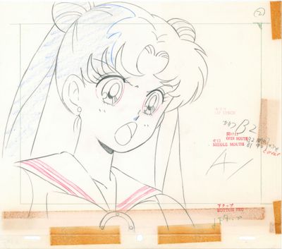 drawing of a woman in a sailor suit with her eyes closed