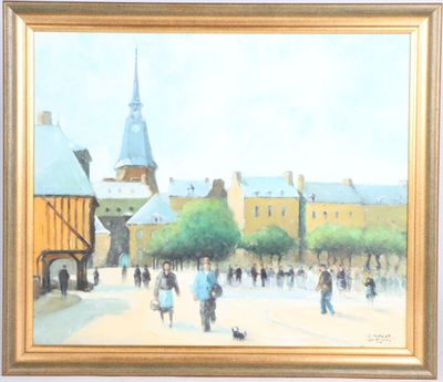 un tableau représentant des personnes marchant dans une rue, avec des bâtiments en arrière-plan