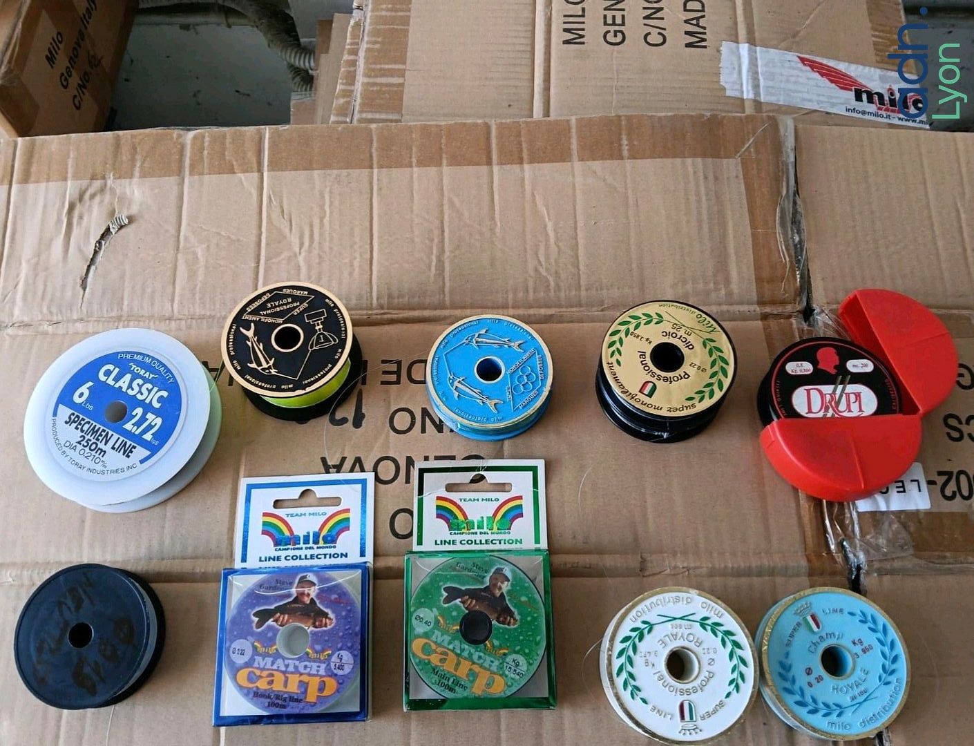 Lot de 60 bobines de nylon pour la pêche, de marque : Milo , différents modèles et couleurs - NEUF - TVA RÉCUPÉRABLE ...