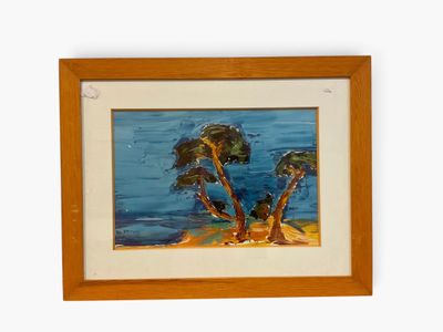 a picture of a painting of a tree on the beach