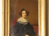 painting of a woman in a black dress sitting on a red chair