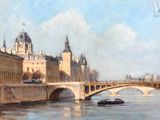 une peinture représentant un pont au-dessus d'une rivière avec des bâtiments à l'arrière-plan
