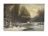 une peinture à l'huile représentant un paysage enneigé avec des arbres et une rivière