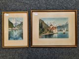 two watercolor paintings of boats on a lake with mountains in the background