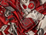 un gros plan sur un tissu à motifs paisley rouges et blancs