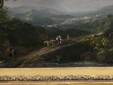 a painting of people riding horses on a dirt road