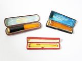 trois stylos dans un étui posé sur une surface blanche