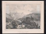an old picture of a mountain scene with a castle in the distance