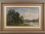 an oil painting of a river scene with a boat in the water