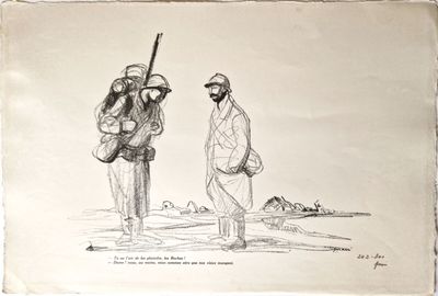 dessin représentant deux hommes debout l'un à côté de l'autre sur une plage