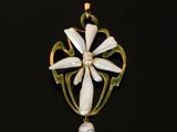 a close up of a white flower with a pearl in it