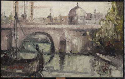 a painting of a painting of a bridge over a river