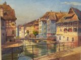 a watercolor painting of a town by the water