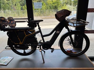 un vélo muni d'un panier à l'arrière, garé devant une fenêtre