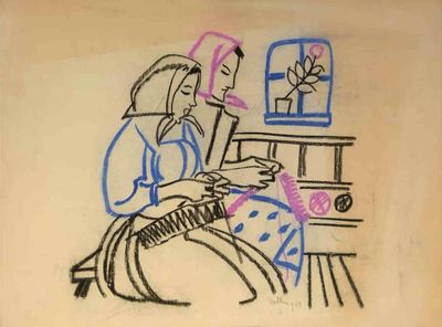 dessin représentant une femme assise devant une fenêtre, avec un oiseau posé sur son bras