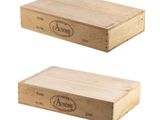 two wooden boxes with labels on them on a white background