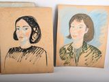 two paintings of a woman in a green dress and a woman in a brown dress