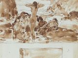 deux dessins représentant un homme et un chien sur une plage