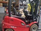 a red fork truck that is parked in a warehouse