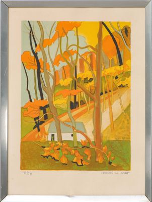 une image représentant un tableau avec des arbres et un banc dans un parc