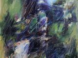 an abstract painting of a horse running through a field