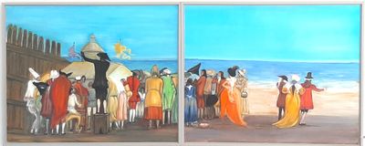 painting of a group of people standing on a beach next to a body of water