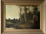 une image représentant un tableau représentant un paysage avec une rivière et des arbres