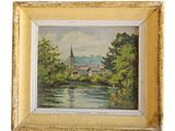 an oil painting of a river with a church in the background