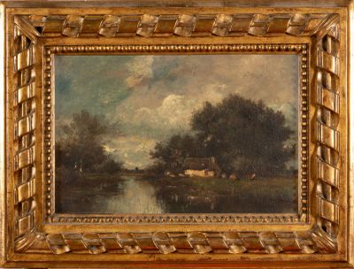 DUPRE Jules (1811-1889) : "Ferme au bord de l'étang", HST, sbg, dans u - Photo 1