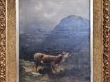 une peinture à l'huile représentant un cerf dans un paysage montagneux, avec une montagne en arrière-plan