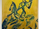 painting of a man riding a horse with a gun on a yellow background