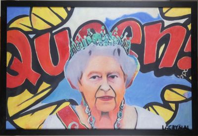 painting of queen elizabeth wearing a tiara in front of a mural of queen elizabeth