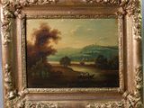 un vieux tableau représentant un paysage avec un bateau sur l'eau
