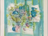 a watercolor painting of a vase of flowers on a table