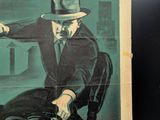 an old poster of a man in a suit and hat kneeling on the ground
