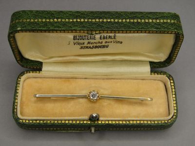 a close up of a tie bar in a case on a table
