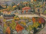 une peinture à l'huile représentant une vue d'une ville depuis une colline
