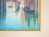 a painting of a gondola on the wall above a bed