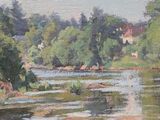 painting of a river in a rural setting with houses in the distance