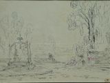 une image représentant un dessin de paysage avec des arbres et un portail