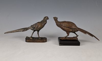 paire de faisans en bronze sur socles en marbre