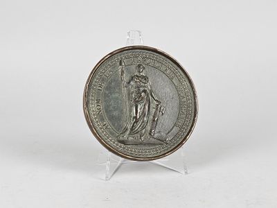 a silver medal with a statue on it on a clear stand