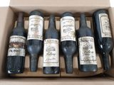 six bouteilles de vin dans un carton posé sur une surface blanche