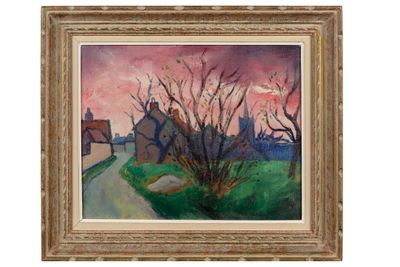 un tableau représentant un paysage avec une maison et des arbres au premier plan