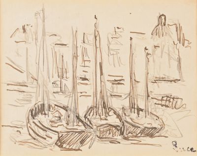dessin représentant un groupe de bateaux dans un port, avec un bâtiment en arrière-plan