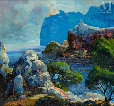 une peinture à l'huile représentant un paysage rocheux avec des arbres et des rochers