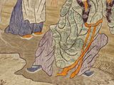 a painting of two women walking in a field