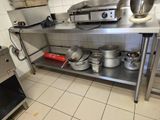 de nombreuses casseroles et poêles posées sur une étagère en acier inoxydable dans une cuisine