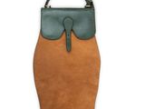 a brown and green handbag with a leather handle