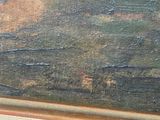a close up of a painting of a boat on the water